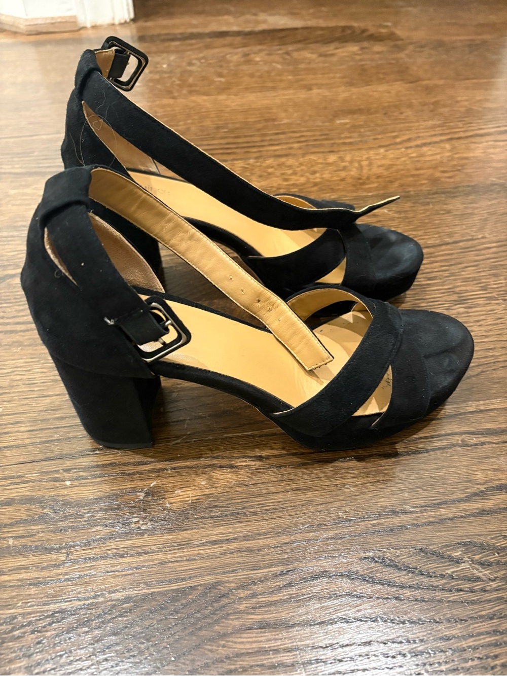 Quince Women's Black Suede Block Heel Sandals with Ankle Strap